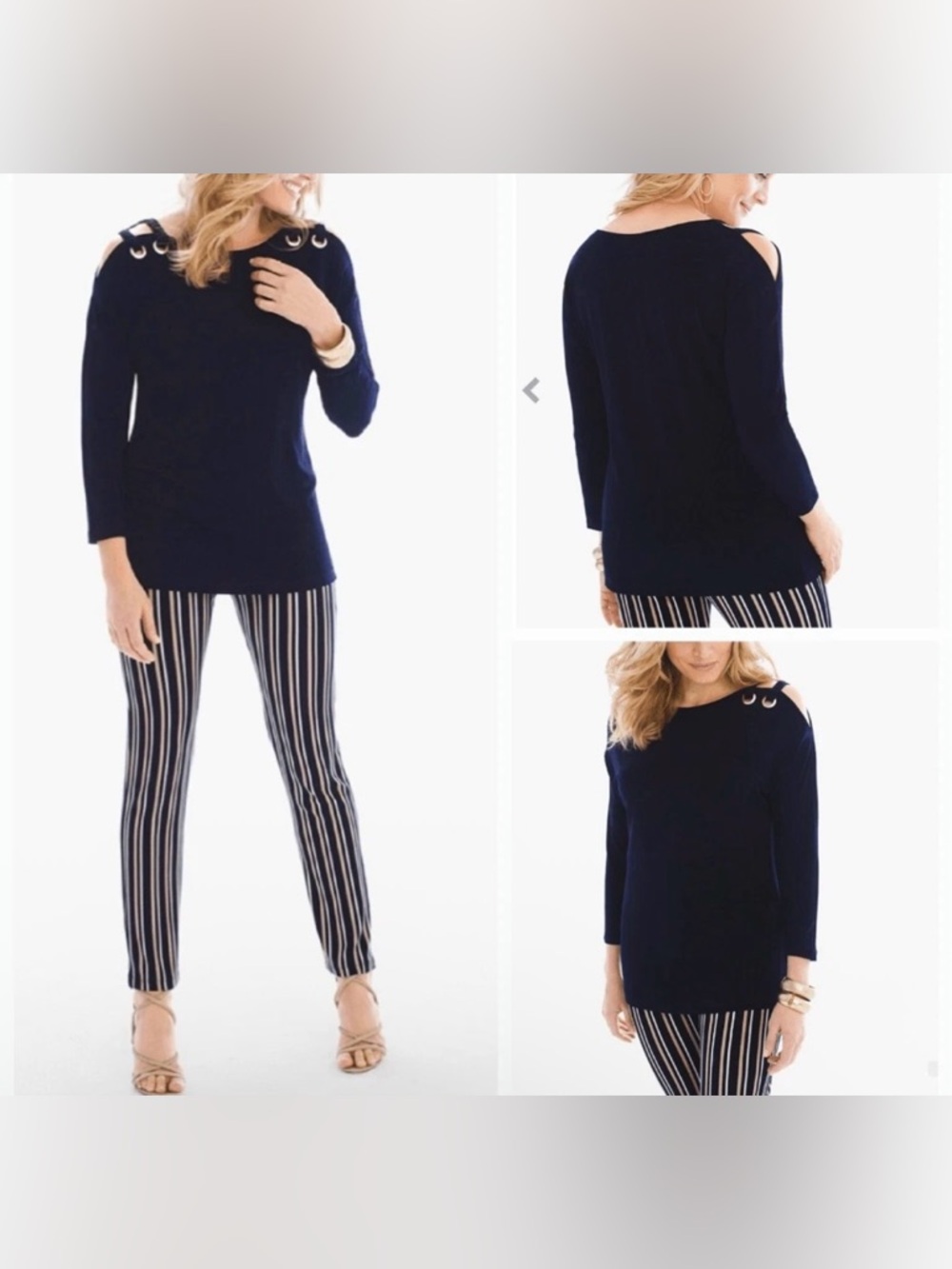 NWT Chico's TRAVELERS CLASSIC Navy Cold-Shoulder Top/Tunic with Grommet Accents